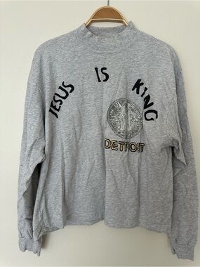 Yeezy Gray 'Jesus Is King' Long Sleeve Tee with Detroit Graphic